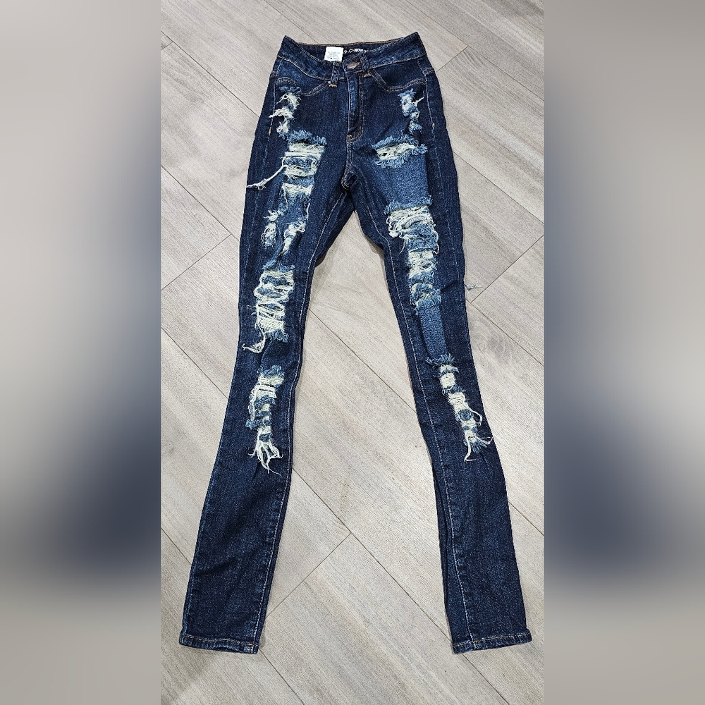 Fashion Nova High Rise Distressed Dark Blue Jeans 0 24